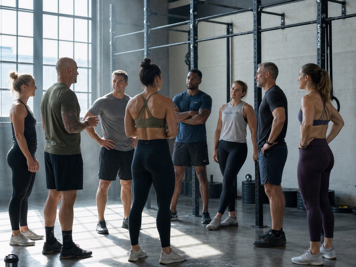 A squad of athletes standing together on the floor of a daylit gym, talking before a session.